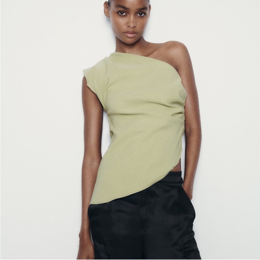 Zara One-Shoulder Asymmetric Tank Top in Light Olive